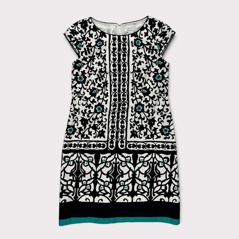 Liz Claiborne Dress Paisley Chandelier Shift Short Sleeved White Black Size 8
